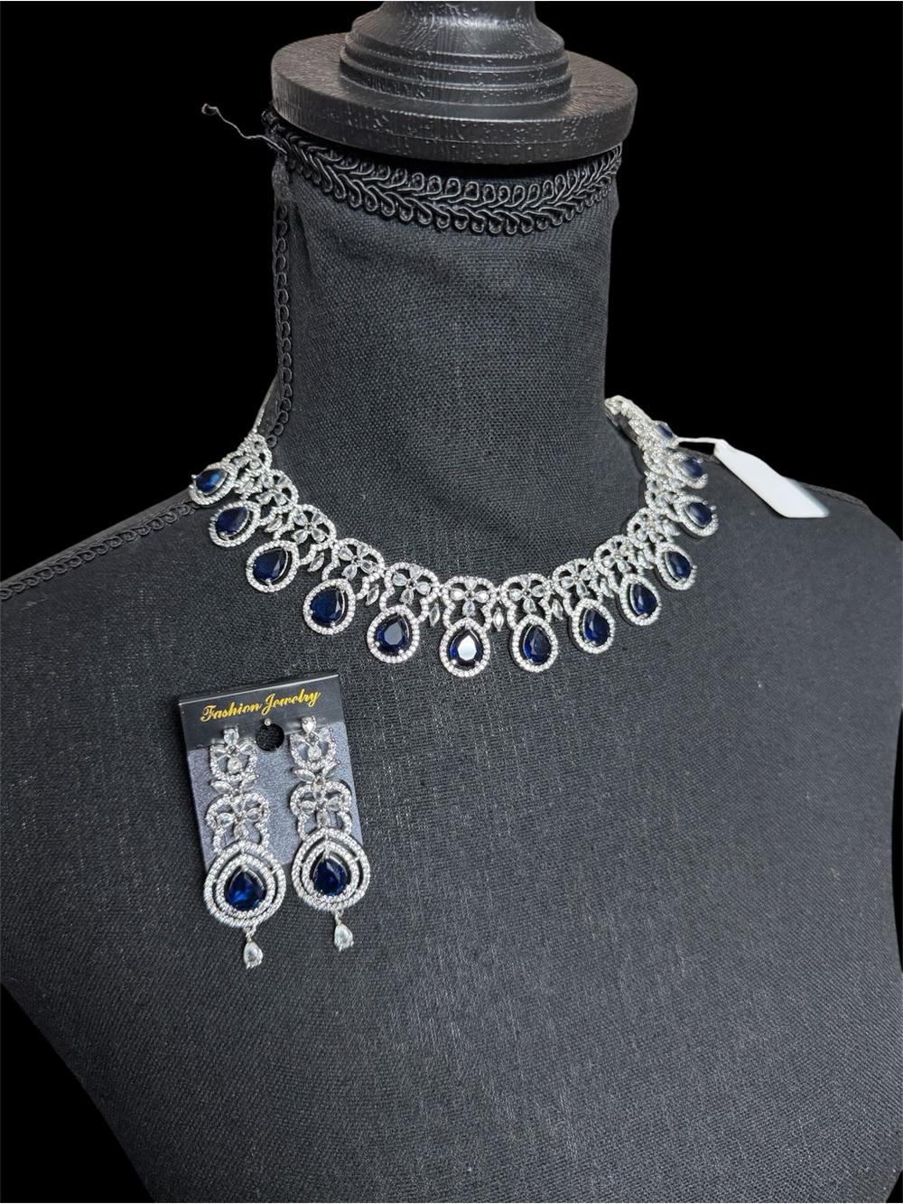 Fashion Jewelry Silver Necklace and Earring Set with Deep Blue Teardrops